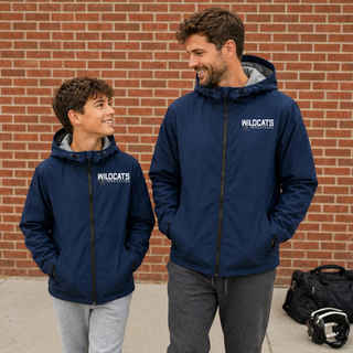 True Navy Waterproof Insulated Jacket with Topeka Wildcats Wrestling Scramble Ring Logo design and mascot graphic