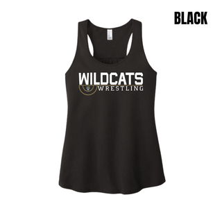 Black Women's Racerback Tank with Topeka Wildcats Wrestling Scramble Ring Logo design and mascot graphic