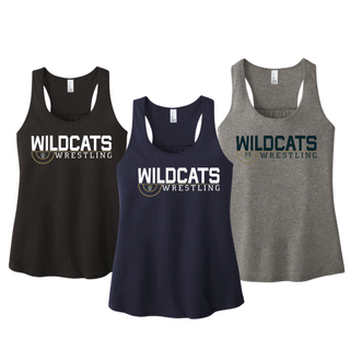 Color options for the Topeka Wildcats Wrestling Scramble Ring Logo Women's Racerback Tank: Black, New Navy, and Grey Frost