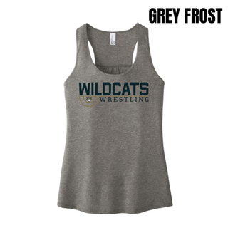 Grey Frost Women's Racerback Tank with Topeka Wildcats Wrestling Scramble Ring Logo design and mascot graphic