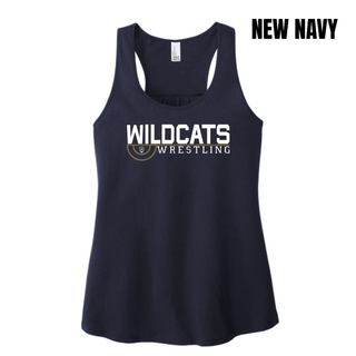 New Navy Women's Racerback Tank with Topeka Wildcats Wrestling Scramble Ring Logo design and mascot graphic