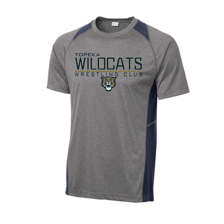Navy accent colorblock contender tee with Topeka Wildcats Wrestling takedown logo design and mascot graphic