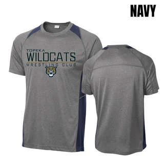 Navy accent colorblock contender tee with Topeka Wildcats Wrestling takedown logo design, front and back view