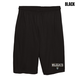 Black cooling performance shorts with Topeka Wildcats Wrestling takedown logo design and mascot graphic