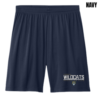 Navy cooling performance shorts with Topeka Wildcats Wrestling takedown logo design and mascot graphic