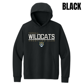 Black Dri-FIT primary hoodie with Topeka Wildcats Wrestling takedown logo design and mascot graphic