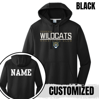 Black performance hoodie with Topeka Wildcats Wrestling takedown logo design, mascot graphic, and customized name on the back
