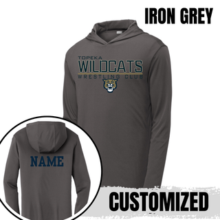 Iron Grey PosiCharge Hooded Pullover with Topeka Wildcats Wrestling takedown logo design and mascot graphic