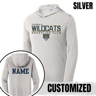 Silver PosiCharge Hooded Pullover with Topeka Wildcats Wrestling takedown logo design and mascot graphic