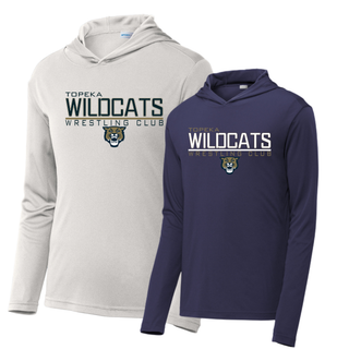 True Navy PosiCharge Hooded Pullover with Topeka Wildcats Wrestling takedown logo design and mascot graphic