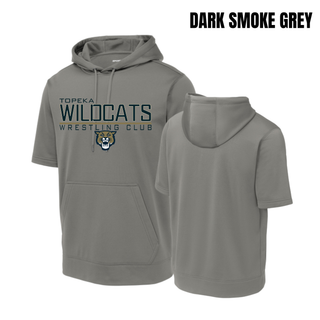 Black short sleeve hooded pullover with Topeka Wildcats Wrestling takedown logo design and mascot graphic