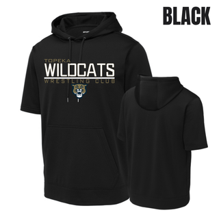 Dark smoke grey short sleeve hooded pullover with Topeka Wildcats Wrestling takedown logo design and mascot graphic