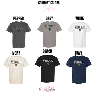 Color options for the Topeka Wildcats Wrestling takedown logo Comfort Colors tops: pepper, grey, white, ivory, black, and navy