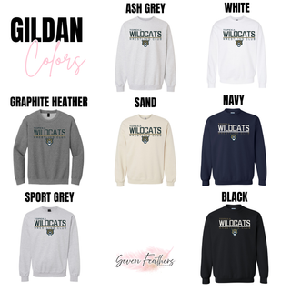 Color options for the Topeka Wildcats Wrestling takedown logo Gildan tops: ash grey, white, graphite heather, sand, navy, sport grey, and black