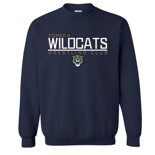 Navy crewneck sweatshirt with Topeka Wildcats Wrestling takedown logo design and mascot graphic
