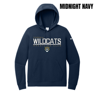 Midnight Navy Women's Club Fleece Pullover Hoodie with Topeka Wildcats Wrestling takedown logo design and mascot graphic