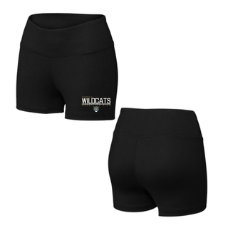 Black Women's Interval Shorts with Topeka Wildcats Wrestling takedown logo design and mascot graphic, back view