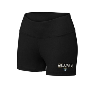 Black Women's Interval Shorts with Topeka Wildcats Wrestling takedown logo design and mascot graphic, front view