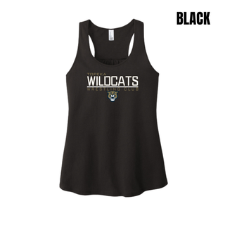 Black Women's Racerback Tank with Topeka Wildcats Wrestling takedown logo design and mascot graphic