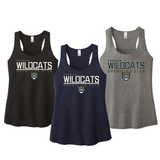 Color options for the Topeka Wildcats Wrestling takedown logo Women's Racerback Tank: White, Black, Grey Frost, and New Navy