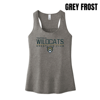 Grey Frost Women's Racerback Tank with Topeka Wildcats Wrestling takedown logo design and mascot graphic