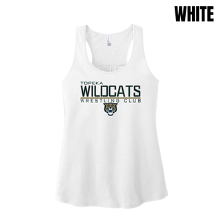 White Women's Racerback Tank with Topeka Wildcats Wrestling takedown logo design and mascot graphic