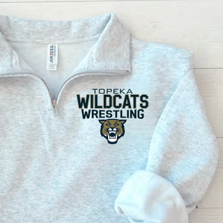 Color options for the Topeka Wildcats Wrestling tri-line logo Cadet quarter-zip: navy, oxford, ash grey, and black