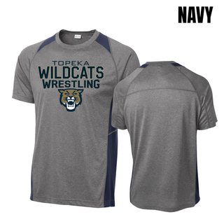 Grey and navy colorblock Contender tee with Topeka Wildcats Wrestling tri-line logo design and mascot graphic