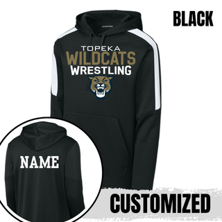 Black colorblock pullover hoodie with Topeka Wildcats Wrestling tri-line logo design, back view