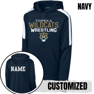 Black colorblock pullover hoodie with Topeka Wildcats Wrestling tri-line logo design and mascot graphic