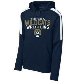 Navy colorblock pullover hoodie with Topeka Wildcats Wrestling tri-line logo design and mascot graphic