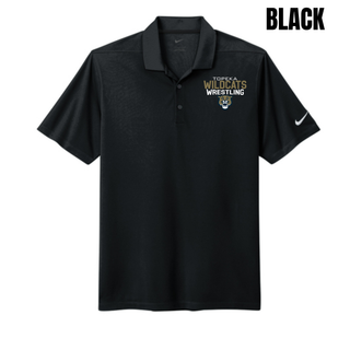 Black Dri-FIT micro pique polo with Topeka Wildcats Wrestling tri-line logo design and mascot graphic