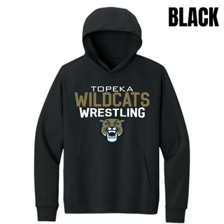 Black Dri-FIT primary hoodie with Topeka Wildcats Wrestling tri-line logo design and mascot graphic