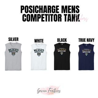 Color options for the Topeka Wildcats Wrestling tri-line logo men's PosiCharge competitor tank: silver, white, black, and true navy