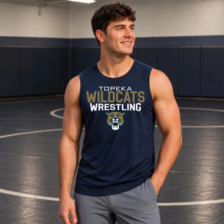 Model wearing a navy men's PosiCharge competitor tank with Topeka Wildcats Wrestling tri-line logo design and mascot graphic