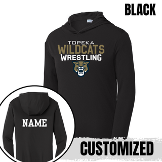Black PosiCharge hooded pullover with Topeka Wildcats Wrestling tri-line logo design and mascot graphic