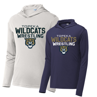 Color options for the Topeka Wildcats Wrestling tri-line logo PosiCharge hooded pullover: white and true navy