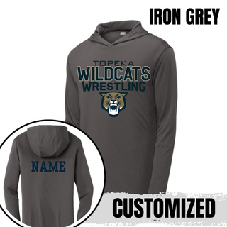 Iron grey PosiCharge hooded pullover with Topeka Wildcats Wrestling tri-line logo design and mascot graphic
