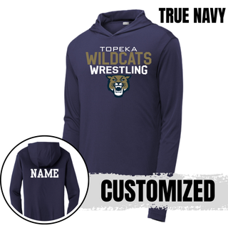 True navy PosiCharge hooded pullover with Topeka Wildcats Wrestling tri-line logo design and mascot graphic