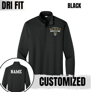 Black PosiCharge quarter-zip pullover with Topeka Wildcats Wrestling tri-line logo design and mascot graphic