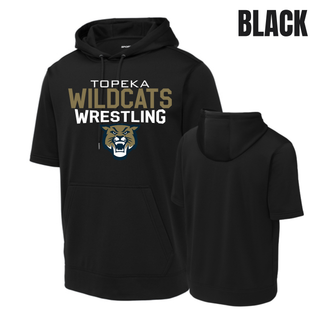 Black short sleeve hooded pullover with Topeka Wildcats Wrestling tri-line logo design and mascot graphic
