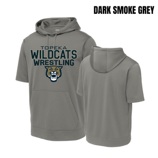 Dark smoke grey short sleeve hooded pullover with Topeka Wildcats Wrestling tri-line logo design and mascot graphic