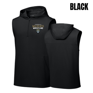 Black sleeveless hooded quarter-zip with Topeka Wildcats Wrestling tri-line logo design and mascot graphic, front and back view