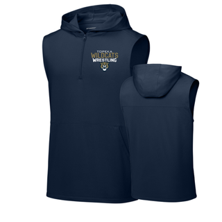 True navy sleeveless hooded quarter-zip with Topeka Wildcats Wrestling tri-line logo design and mascot graphic, front and back view
