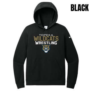 Black women's club fleece pullover hoodie with Topeka Wildcats Wrestling tri-line logo design and mascot graphic