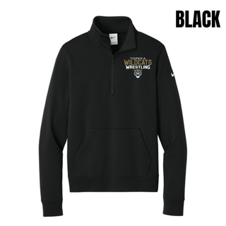 Black women's fleece half-zip with Topeka Wildcats Wrestling tri-line logo design and mascot graphic
