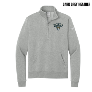 Dark grey heather women's fleece half-zip with Topeka Wildcats Wrestling tri-line logo design and mascot graphic