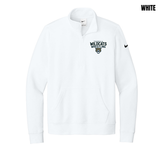White women's fleece half-zip with Topeka Wildcats Wrestling tri-line logo design and mascot graphic