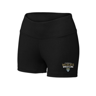 Black women's interval shorts with Topeka Wildcats Wrestling tri-line logo design, front view