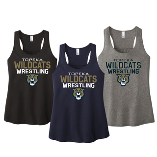 Color options for the Topeka Wildcats Wrestling tri-line logo women's racerback tank: black, navy, and grey